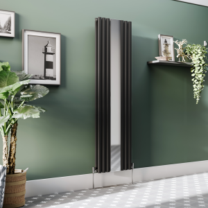 Metro Vertical Radiator with Mirror   Matt Black   Double Panel (H1800 x W500mm)