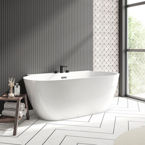 Mileto 1500 x 770 Curved Back to Wall Modern Bath with Chrome Waste - Image 2