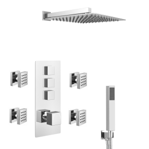 Milan Square Push Button Shower Valve Pack with Handset, 4 Body Jets + Shower Head