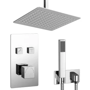 Milan Square Push Button Ceiling Mounted Shower Pack (with Handset + Rainfall Shower Head)