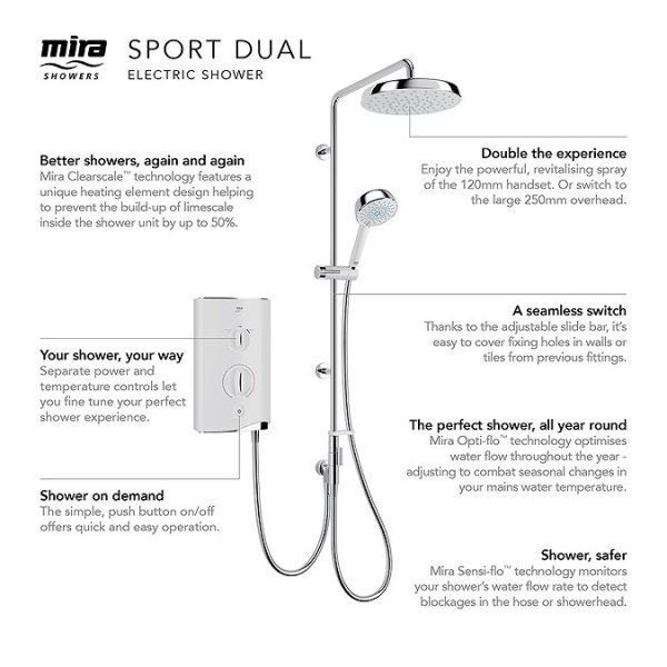 Mira Sport Manual Dual Outlet 9.8kW Electric Shower   White & Chrome - Image 2