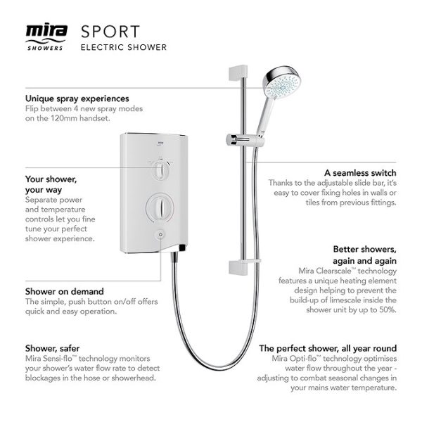 Mira Sport Manual Single Outlet 7.5kW Electric Shower   White & Chrome - Image 2