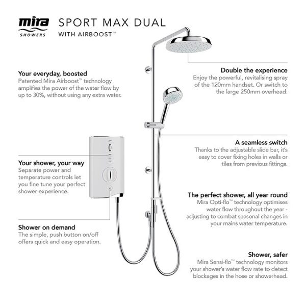 Mira Sport Max Dual Outlet 10.8kW Electric Shower   White & Chrome - Image 2