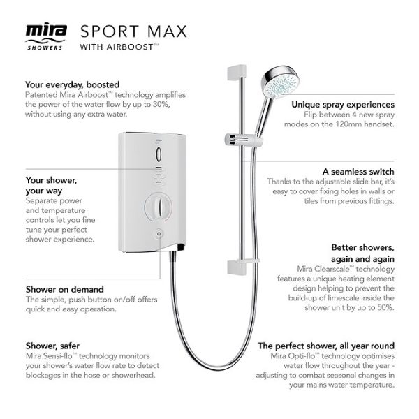Mira Sport Max Single Outlet 10.8kW Electric Shower   White & Chrome - Image 2