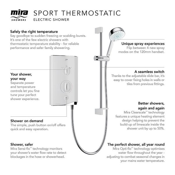 Mira Sport Single Outlet 9.8kW Thermostatic Electric Shower   White & Chrome - Image 2