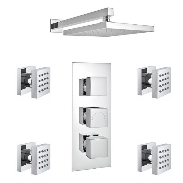 Milan Square Concealed Triple Shower Valve with Fixed Head & 4 Body Jets   Chrome - Image 6