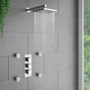 Milan Square Concealed Triple Shower Valve with Fixed Head & 4 Body Jets   Chrome