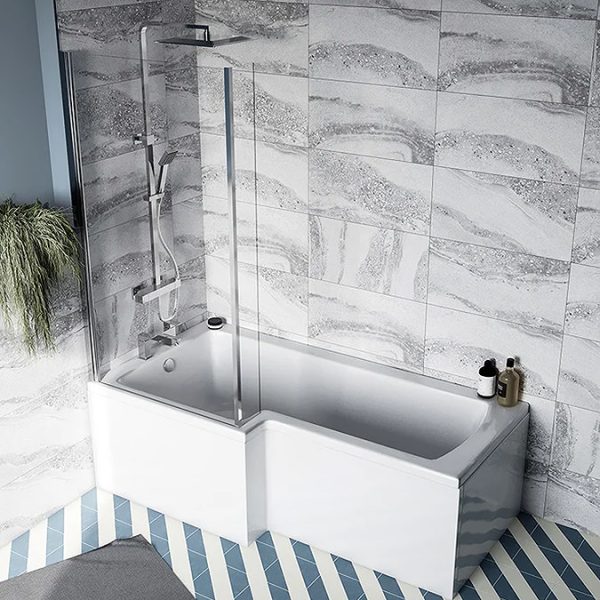 Orchard 1700 x 850mm L Shaped Left Handed Shower Bath with Screen + Acrylic Panel - Image 2