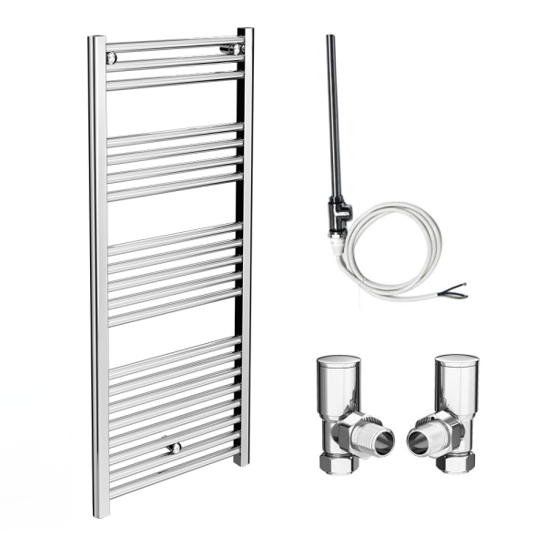 Diamond 500 x 1200mm Straight Heated Towel Rail (incl. Valves + Electric Heating Kit)