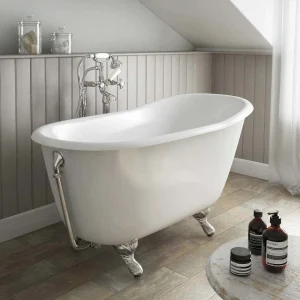 Petite 1350 x 700mm Slipper Roll Top Cast Iron Bath 0TH with Chrome Feet
