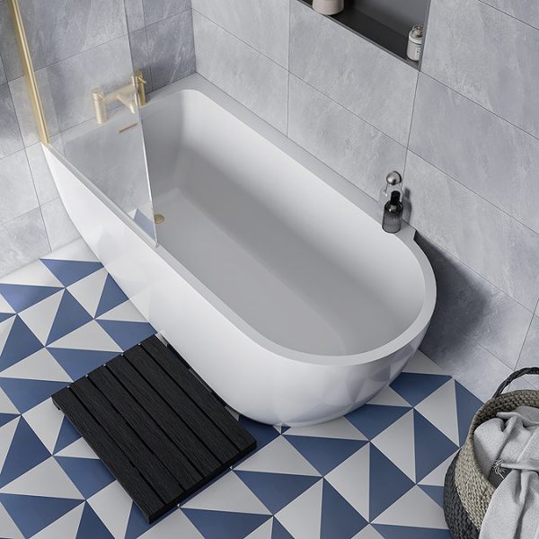 Potenza 1650 x 780 Curved Freestanding Corner Bath with Brushed Brass Screen and Waste - Image 7