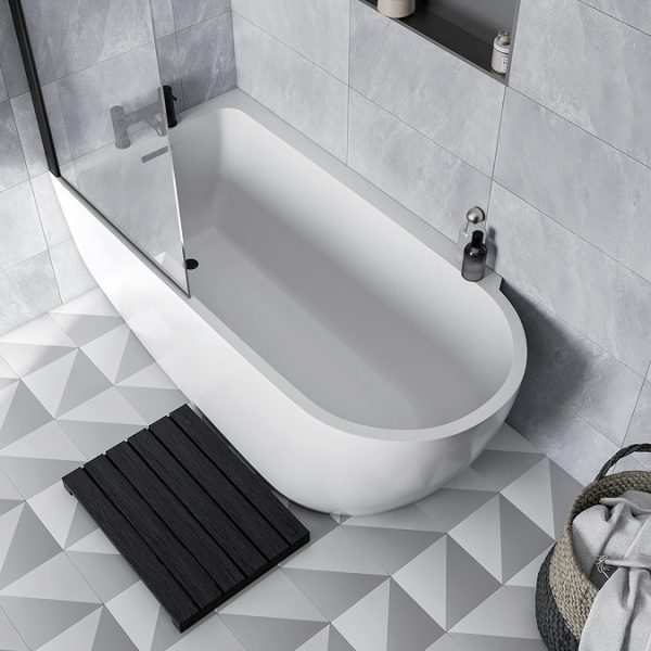 Potenza 1650 x 780 Curved Freestanding Corner Bath with Matt Black Screen and Waste - Image 7