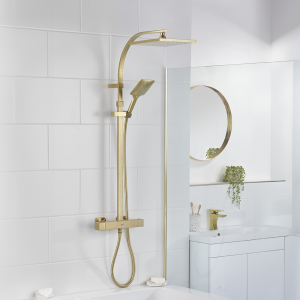 Bristan Quadrato Safe Touch Thermostatic Bar Shower Valve with Rigid Riser Kit   Brushed Brass
