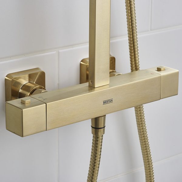 Bristan Quadrato Safe Touch Thermostatic Bar Shower Valve with Rigid Riser Kit   Brushed Brass - Image 3
