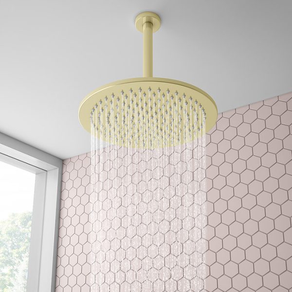 Arezzo Brushed Brass Twin Concealed Shower Valve with 300mm Head + 200mm Ceiling Mounted Arm - Image 7