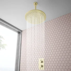 Arezzo Brushed Brass Twin Concealed Shower Valve with 300mm Head + 200mm Ceiling Mounted Arm
