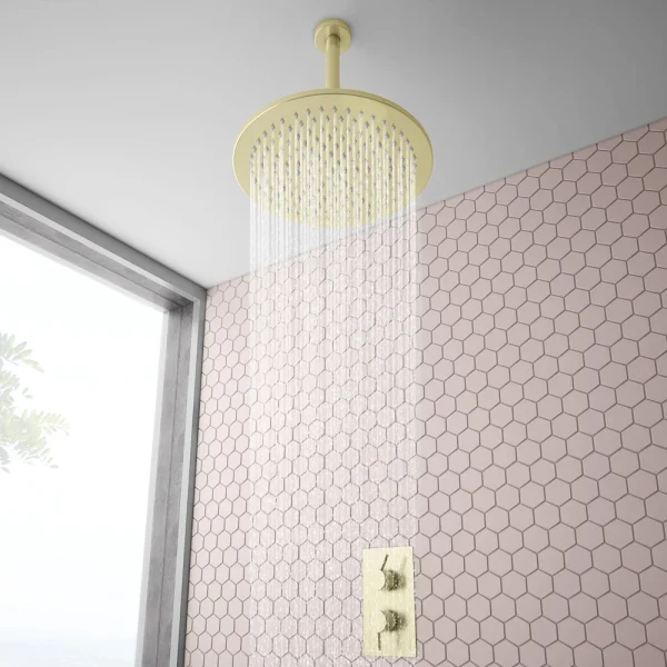 Arezzo Brushed Brass Twin Concealed Shower Valve with 300mm Head + 200mm Ceiling Mounted Arm