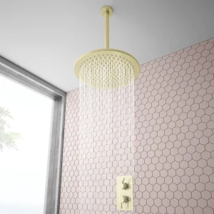 Arezzo Brushed Brass Twin Concealed Shower Valve with 300mm Head + Ceiling Mounted Arm