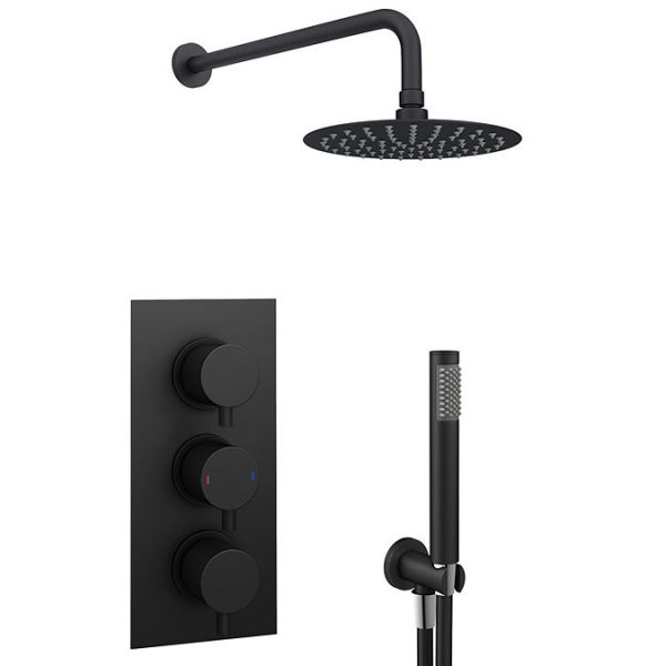 Arezzo Matt Black Round Triple Thermostatic Shower Pack with Head + Handset - Image 6