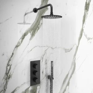 Arezzo Matt Black Round Triple Thermostatic Shower Pack with Head + Handset