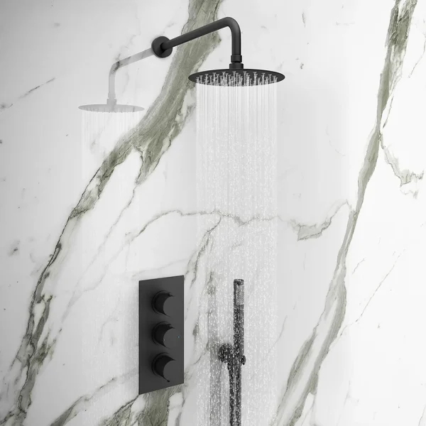 Arezzo Matt Black Round Triple Thermostatic Shower Pack with Head + Handset