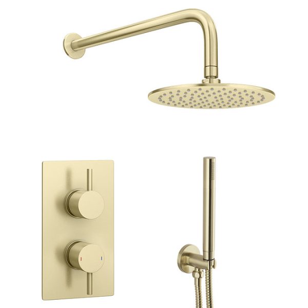 Arezzo Brushed Brass Round Thermostatic Shower Pack with Head + Handset - Image 2