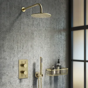 Arezzo Brushed Brass Round Thermostatic Shower Pack with Head + Handset