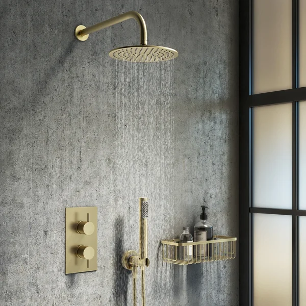 Arezzo Brushed Brass Round Thermostatic Shower Pack with Head + Handset