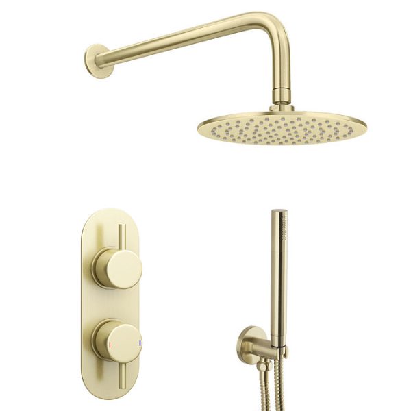 Arezzo Brushed Brass Round Thermostatic Shower Pack with Head + Handset (Oval Faceplate) - Image 6
