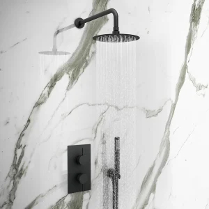 Arezzo Matt Black Round Thermostatic Shower Pack with Head + Handset