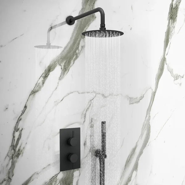 Arezzo Matt Black Round Thermostatic Shower Pack with Head + Handset