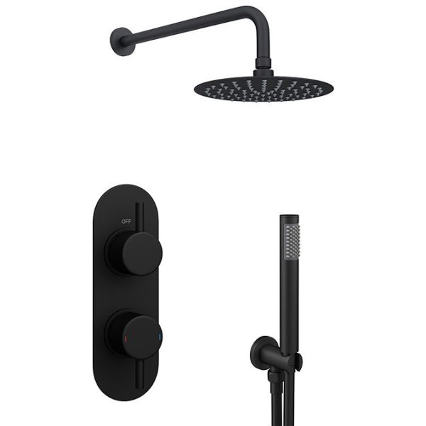 Arezzo Matt Black Round Thermostatic Shower Pack with Head + Handset (Oval Backplate) - Image 6