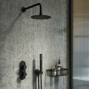 Arezzo Matt Black Round Thermostatic Shower Pack with Head + Handset (Oval Backplate)