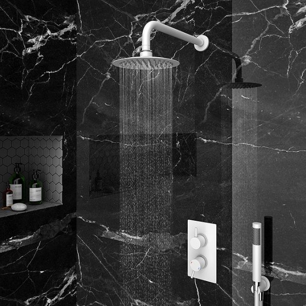Arezzo Matt White Round Thermostatic Shower Pack with Head + Handset - Image 2