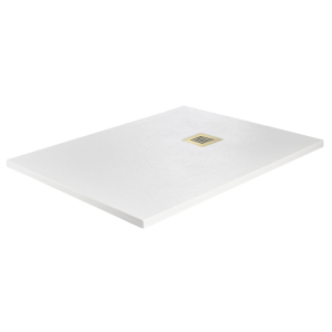 Imperia 1400 x 900mm White Slate Effect Rectangular Shower Tray + Brushed Brass Waste
