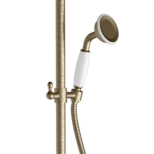 Trafalgar Antique Brass Dual Exposed Shower Valve with Rigid Riser Kit, 200mm Round Apron Head, Handshower & Diverter - Image 2