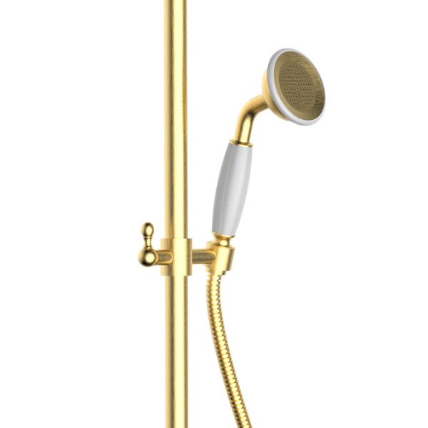 Trafalgar Brushed Brass Dual Exposed Shower Valve with Rigid Riser Kit, 200mm Round Apron Head, Handshower & Diverter - Image 2