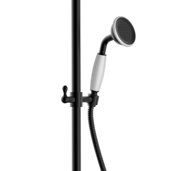 Trafalgar Matt Black Dual Exposed Shower Valve with Rigid Riser Kit, 200mm Round Apron Head, Handshower & Diverter - Image 2