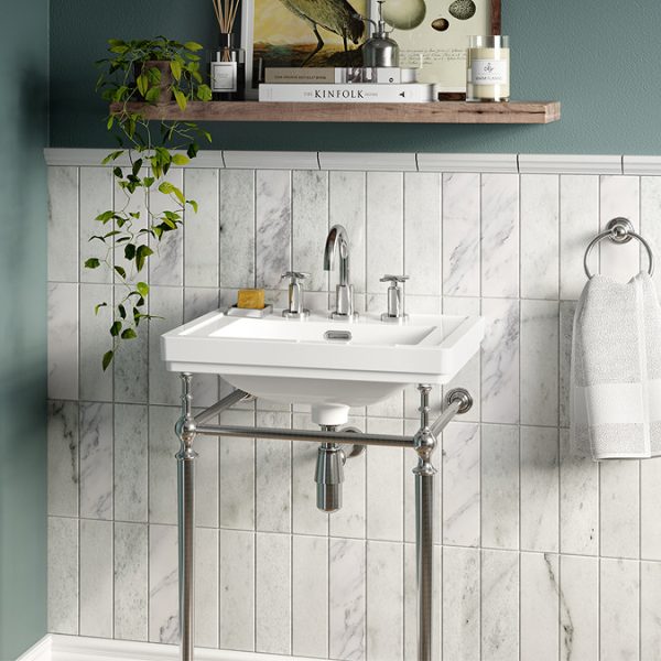 Roxbury Art Deco Chrome Deck Mounted (3TH) Basin Mixer with Waste - Image 2