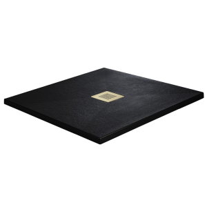 Imperia 900 x 900mm Black Slate Effect Square Shower Tray + Brushed Brass Waste