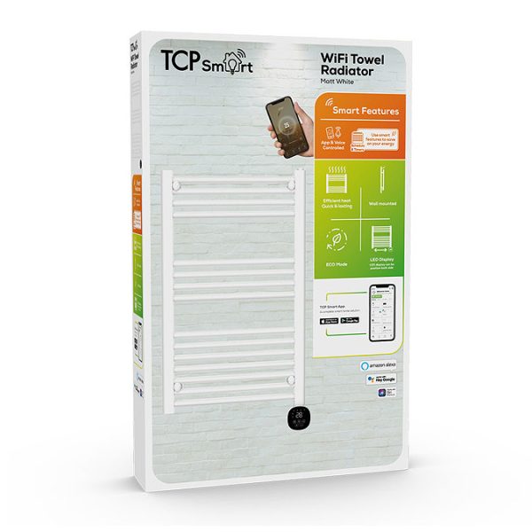 TCP Smart 500W White 895 x 500mm Wi Fi Energy Saving Electric Only Towel Radiator - Image 2