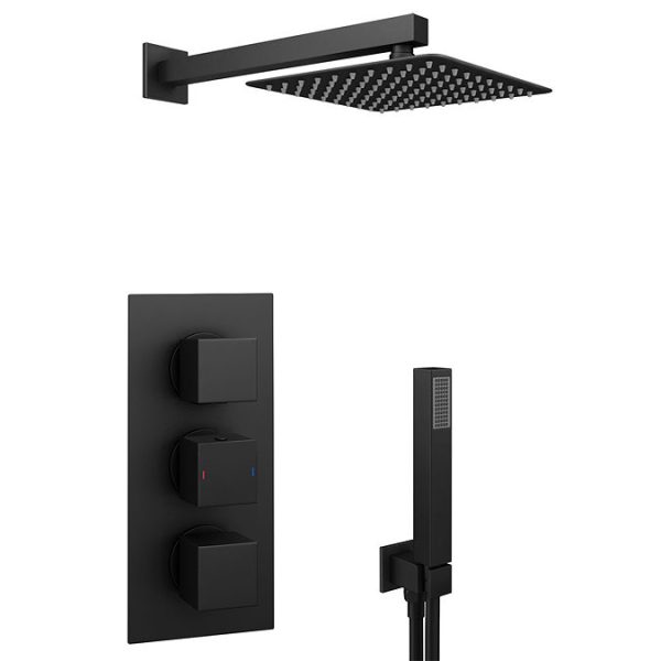 Arezzo Matt Black Square Triple Thermostatic Shower Pack with Head + Handset - Image 7