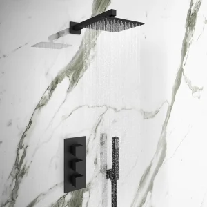 Arezzo Matt Black Square Triple Thermostatic Shower Pack with Head + Handset