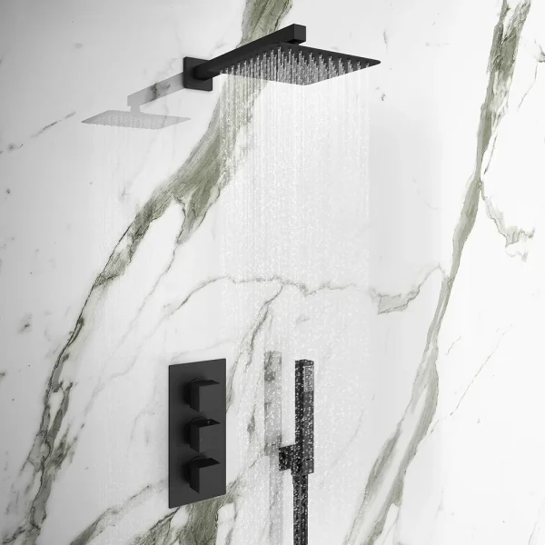 Arezzo Matt Black Square Triple Thermostatic Shower Pack with Head + Handset