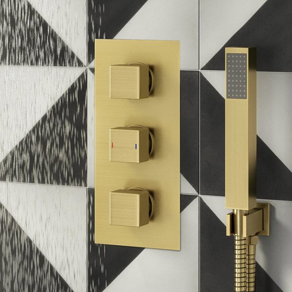 Arezzo Brushed Brass Square Triple Thermostatic Shower Pack with 300 x 300mm Head + Handset - Image 5