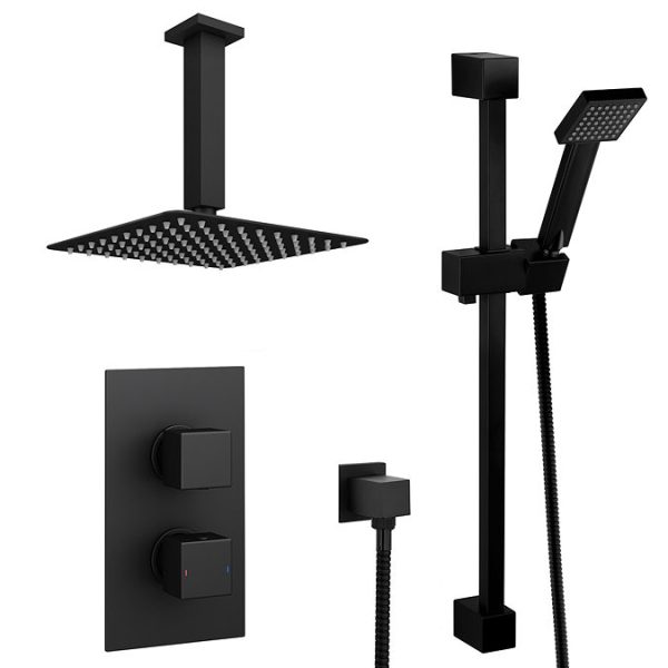 Arezzo Matt Black Square Thermostatic Shower Pack with Head + Slider Rail Kit - Image 4