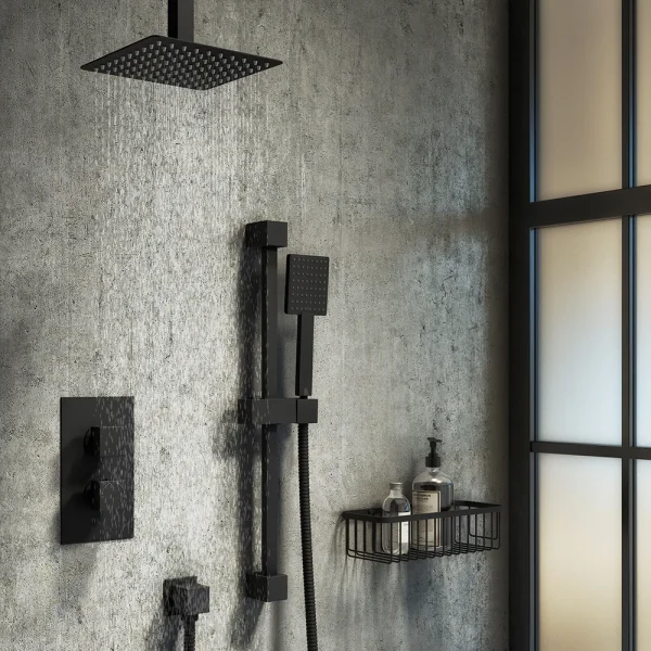 Arezzo Matt Black Square Thermostatic Shower Pack with Head + Slider Rail Kit