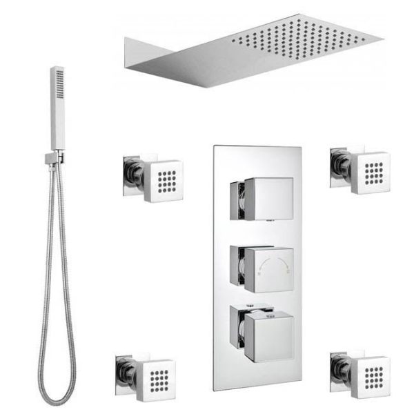 Milan Square Triple Valve with Diverter, Thin Fixed Shower Head, 4 Body Jets + Handset Chrome - Image 4
