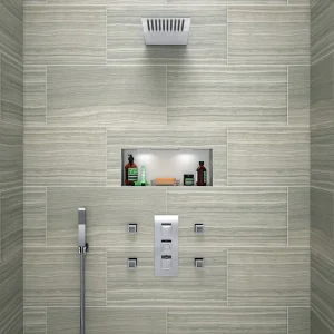 Milan Square Triple Valve with Diverter, Thin Fixed Shower Head, 4 Body Jets + Handset Chrome