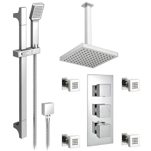 Milan Square Triple Valve with Diverter, Ceiling Mounted Square Shower Head, 4 Body Jets + Slider Chrome